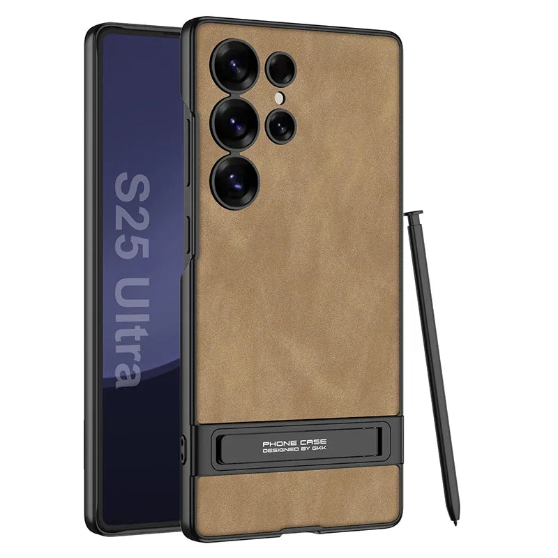 Luxury Frosted Leather Holder Case for Galaxy S25 Ultra