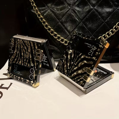 Golden Leopard Feather Case | 360° Stand | Samsung Flip Series